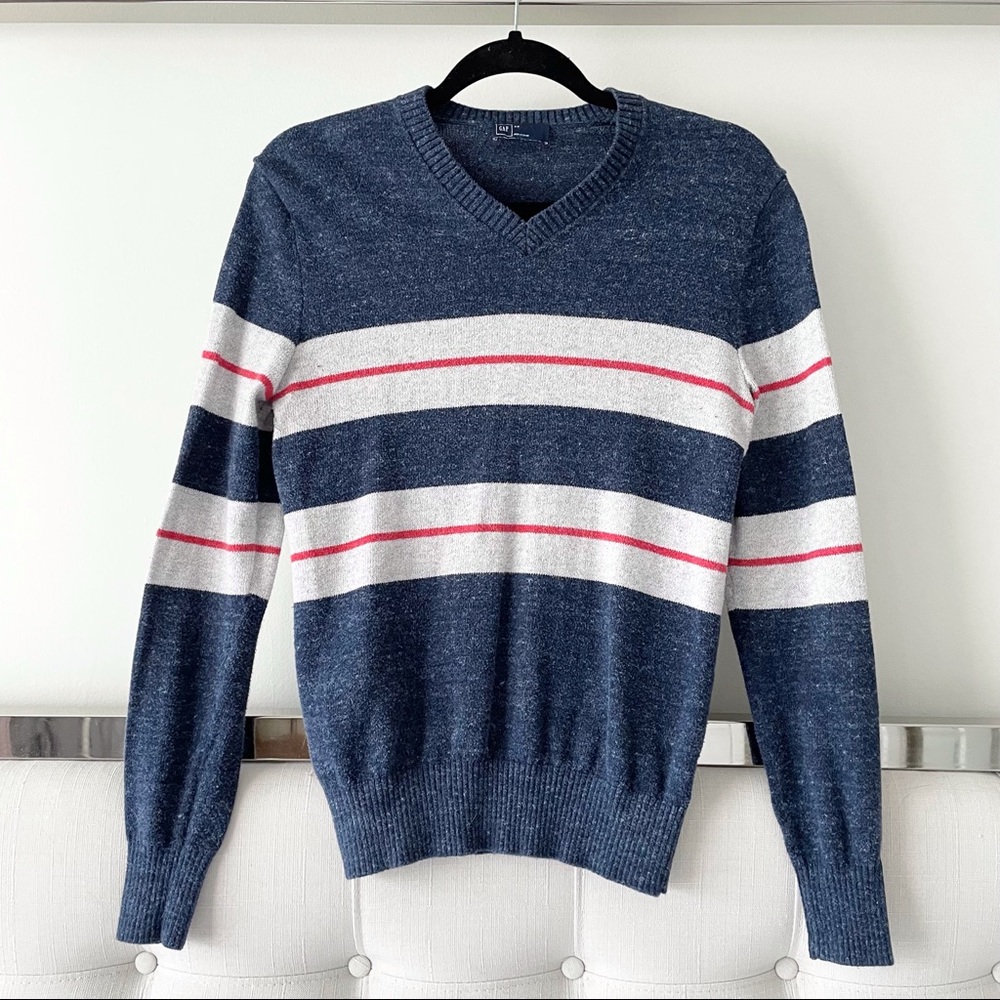 Gap V-Neck Blue Sweater With Red White Stripes